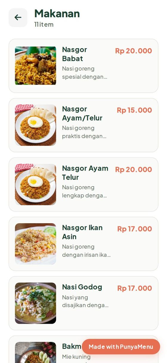 Daftar menu dengan foto, nama, harga