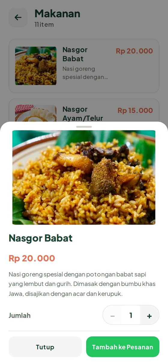 Detail menu: foto, harga, deskripsi, jumlah, Tambah ke Pesanan
