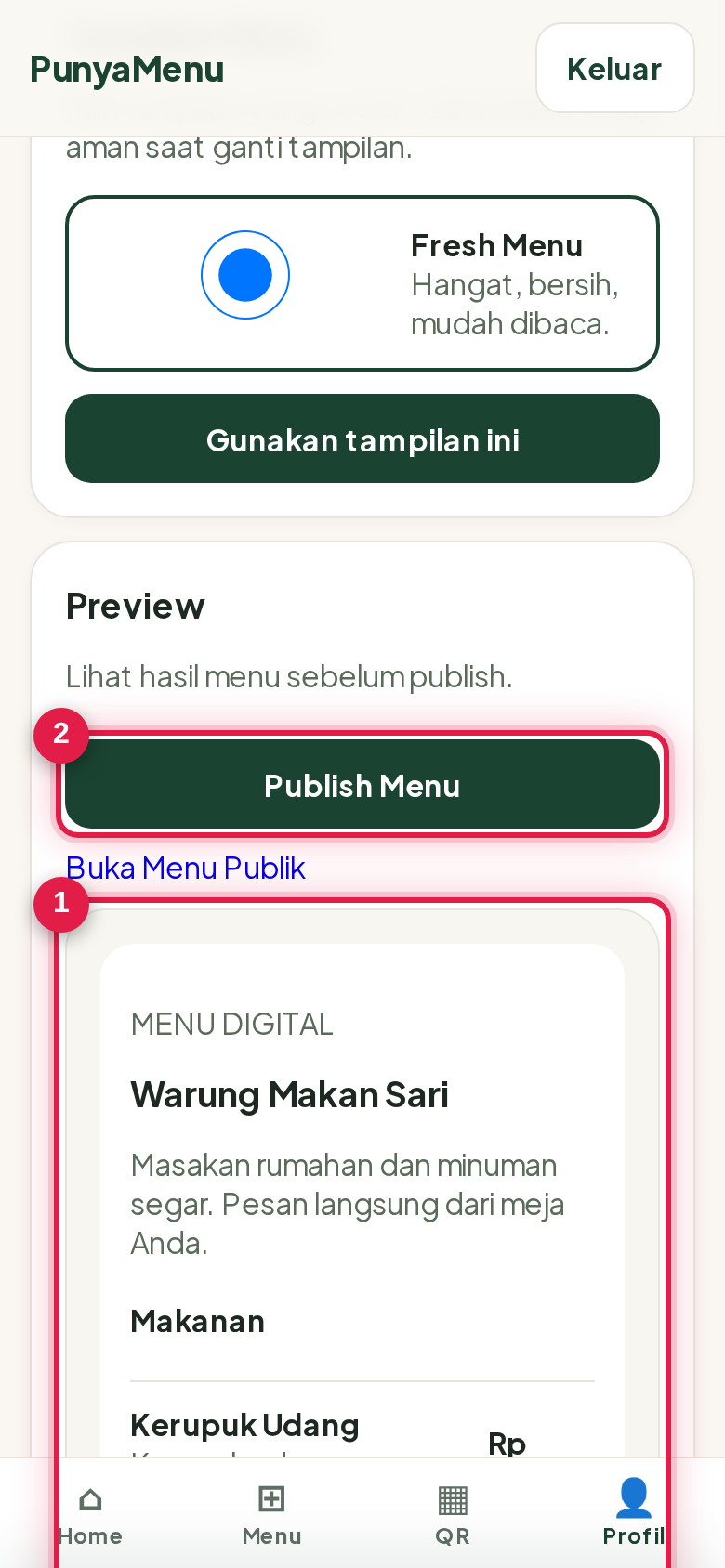 Publish menu